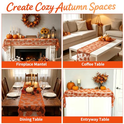 Maple Rust Fall Table Runner 13 x 72 Inches Lace Autumn Decor