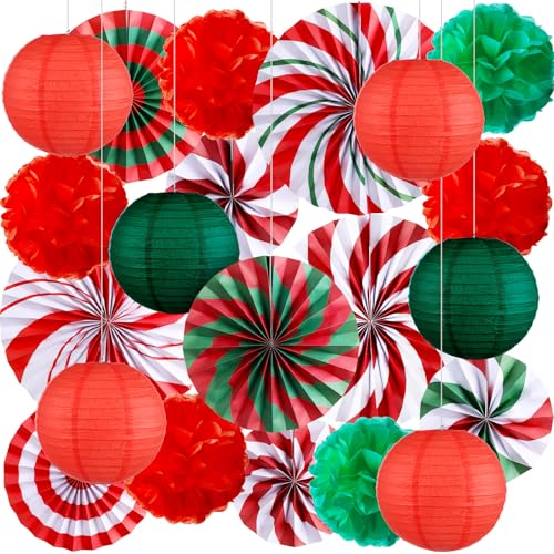 Christmas Candy Hanging Decorations Set - Red & Green, 21 Pcs with Fans, Pom Poms & Lanterns - Variation of Candy