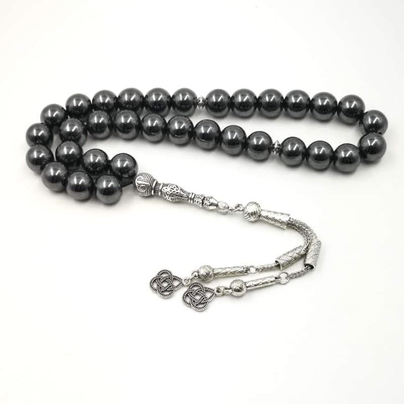 Natural Hematite Stone Tasbih Prayer Beads 33 Count Islamic Jewelry with Metal Tassel 10mm