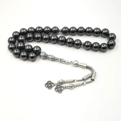 Natural Hematite Stone Tasbih Prayer Beads 33 Count Islamic Jewelry with Metal Tassel 10mm