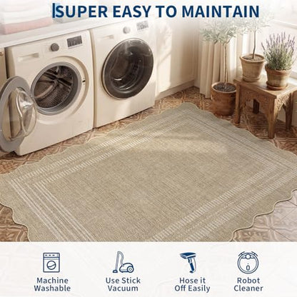 GarveeHome 5x7 Rectangular Scalloped Area Rug - Washable Non Slip Low Pile Tan