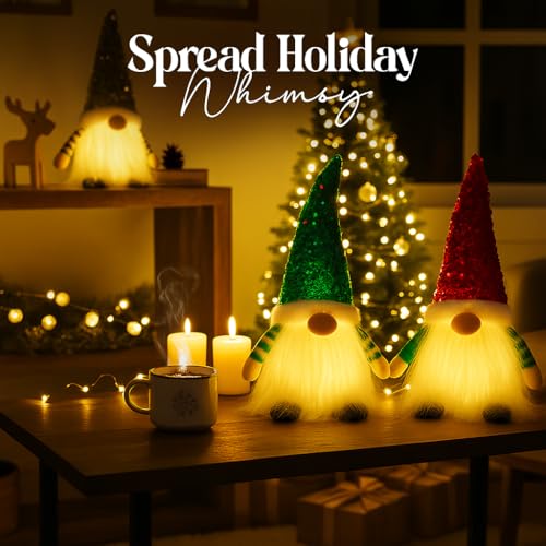 Christmas Lighted Gnome Decorations Set - Red & Green, 12 Inch Scandinavian Plush Gnomes