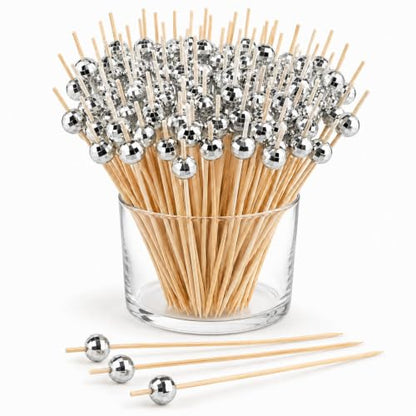 Silver Disco Ball Cocktail Picks - 200 Pack for Drinks, Appetizers & Parties
