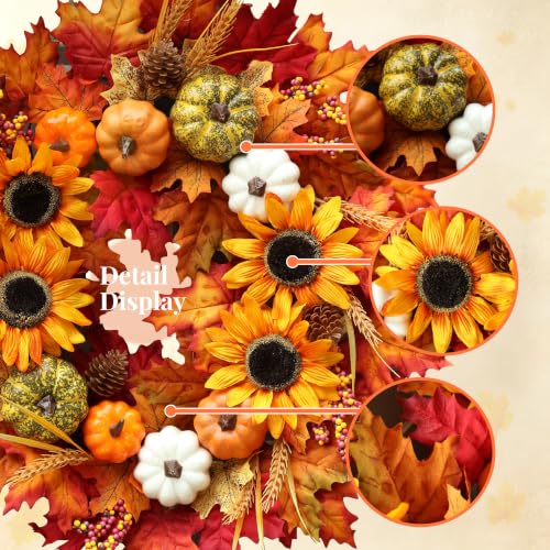 24 Inch Fall Sunflower Wreath with Pumpkins and Maple Leaves for Front Door