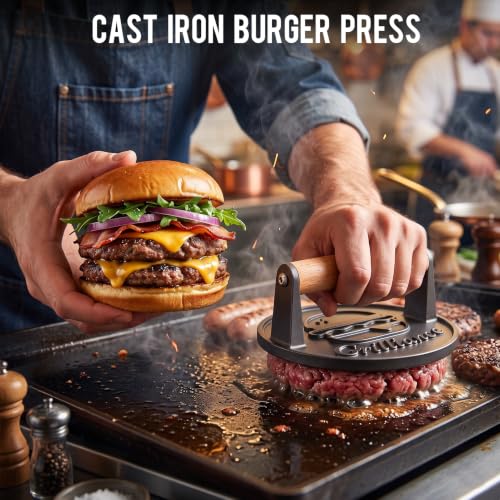 Cast Iron Burger Press Kit - 6.6-inch Flat Smasher for Grilling & Cooking