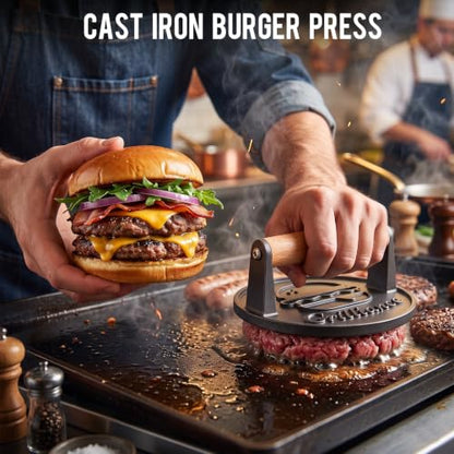 Cast Iron Burger Press Kit - 6.6-inch Flat Smasher for Grilling & Cooking