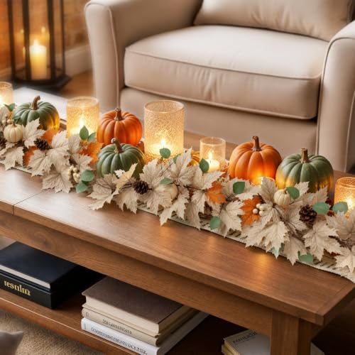 1 pcs 6Ft Fall Leaves Garland with Lights for Mantel Decor Pumpkin Pinecone Berry