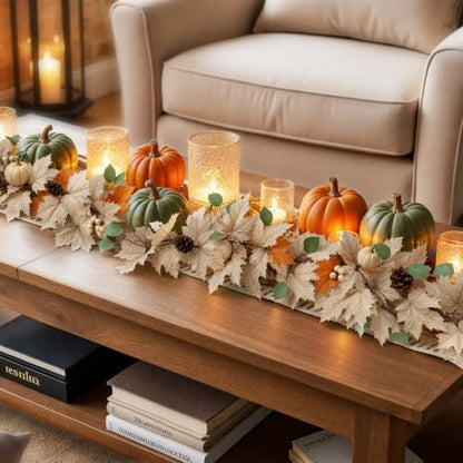 1 pcs 6Ft Fall Leaves Garland with Lights for Mantel Decor Pumpkin Pinecone Berry