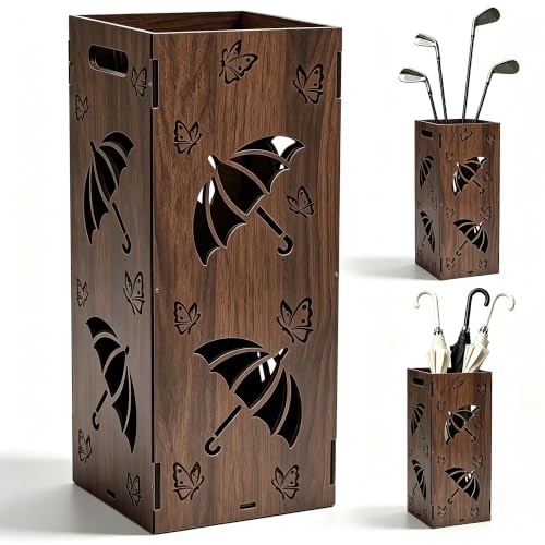 Vintage Wooden Umbrella Stand for Entryway with Butterfly Pattern - Freestanding Holder
