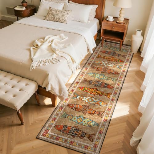 Boho Fish Runner Rug 1.3x7 Kitchen Rug Washable Beige Pattern 5
