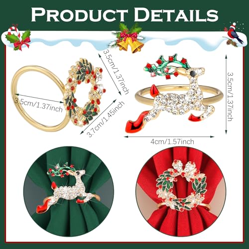 Christmas Cloth Napkins & Ring Set - Elk, Bell, Green - 16 Pieces