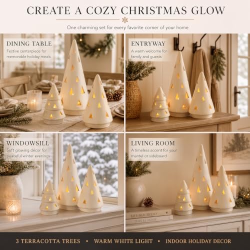 3 Pcs Terracotta Christmas Tree Figurines with LED String Lights - 5.12, 6.69, 9.45 Inches - Rustic Holiday Decor