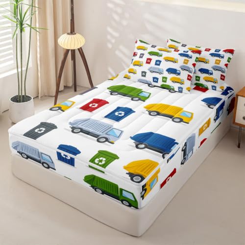 Kids Garbage Truck Comforter Set Twin with Zipper Bedding and Pillowcases - Cloud White & Traffic Palette