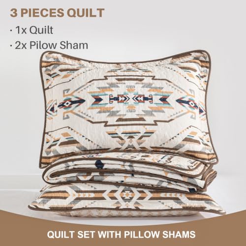 100% Cotton Queen Quilt Set with Southwestern Aztec Design - Breathable & Cozy Bedding