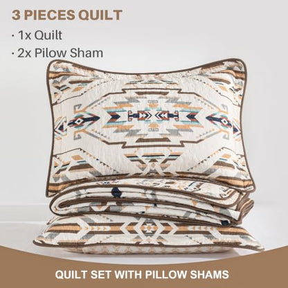 100% Cotton Queen Quilt Set with Southwestern Aztec Design - Breathable & Cozy Bedding