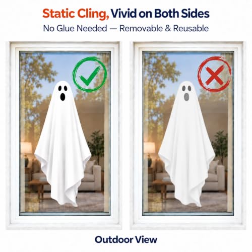 Halloween Ghost Window Clings & Mirror Decals - Large 3 Sheets - Ghosts & Bats - Halloween