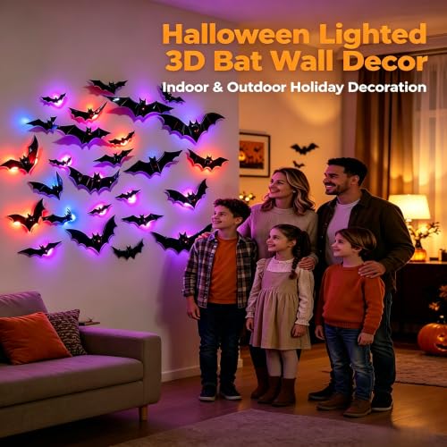 Black 36 Pack 3D Halloween Bat Wall Stickers - Spooky Home Decor