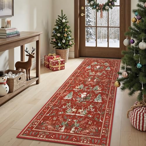 2'7" x 8" Christmas Runner Rug - Red Holiday Reindeer & Santa Design, Washable, Non-Slip, Low Pile