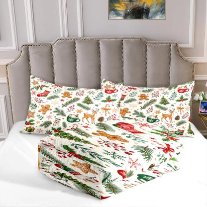 Christmas Queen Comforter Set for Girls - Holiday Tree Bedding, White & Green, Queen Size