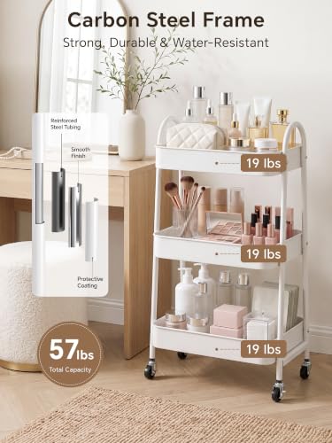 Booklov White Rolling Makeup Cart Organizer, 3-Tier Utility Storage