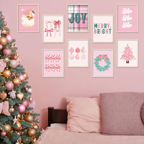 Pink Christmas Wall Art Prints Set - Santa, Tree & Festive Decor, 11 x 14 Inch, 9 Sheets