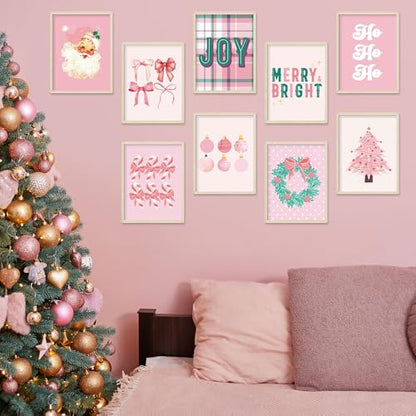 Pink Christmas Wall Art Prints Set - Santa, Tree & Festive Decor, 11 x 14 Inch, 9 Sheets
