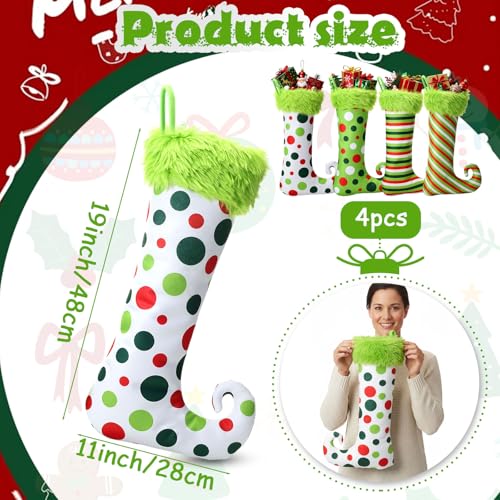 Skicuff 4-Pack 19-Inch Green Christmas Elf Stockings with Faux Fur Hanging Decor
