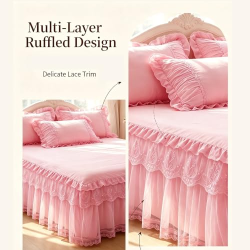 Queen Size Lace Ruffled Bed Skirt - Light Purple 60x80in Romantic Tulle Dust Ruffle