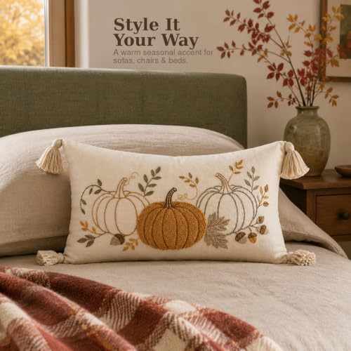 Berchaoki Embroidered Fall Lumbar Pillow Cover 12x20 Inches - Neutral Pumpkin Decor
