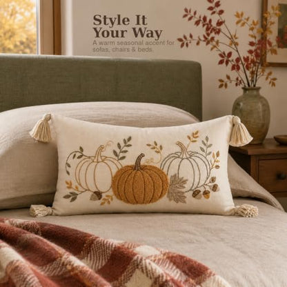Berchaoki Embroidered Fall Lumbar Pillow Cover 12x20 Inches - Neutral Pumpkin Decor