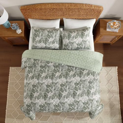 Reversible Queen Quilt Set with Shams - Costa Blanca Green, 100% Cotton Percale