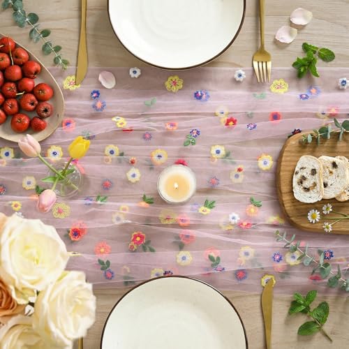Pink Embroidery Daisy Gauze Table Runner 59x120 Inch - Artoid Mode