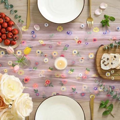 Pink Embroidery Daisy Gauze Table Runner 59x120 Inch - Artoid Mode