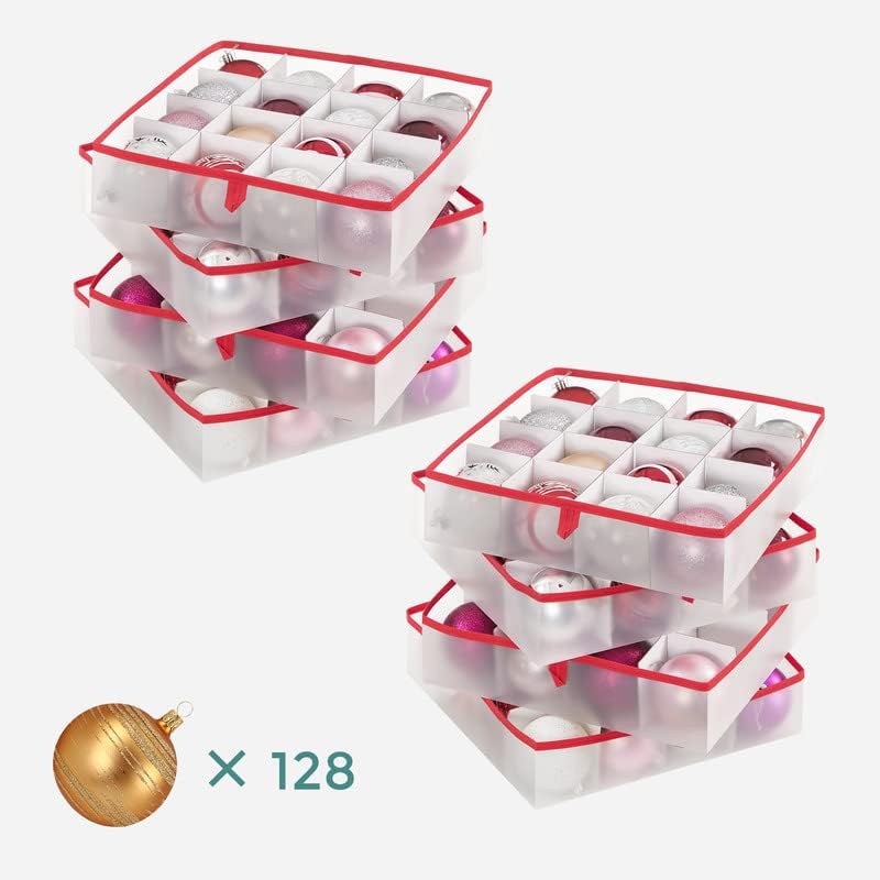 SONGMICS Christmas Ornament Storage Box - Holds 128 3-Inch Balls | 8 Trays, Dual Zippers, Cherry Red