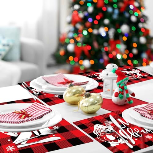 Christmas Placemats Set of 6 Red and Black Plaid Plastic Table Mats - Holiday Table Decor