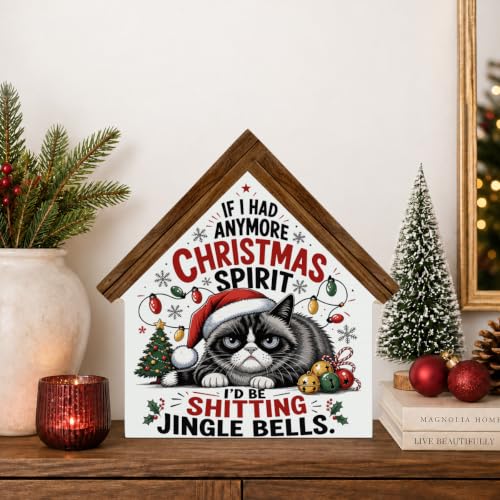 Funny Christmas Cat Sign Decor - Wooden Holiday Wall Art for Indoor Home