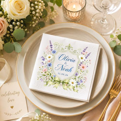 GiveSmiles Personalized Wildflower Wedding Cocktail Napkins with Names & Date - Style 7