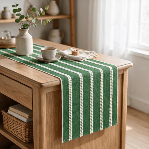 Green Farmhouse Dashed Stripe Table Runner 12x36 Inch - Holiday Christmas Decor