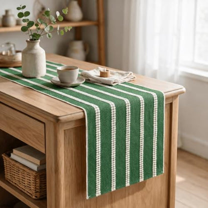 Green Farmhouse Dashed Stripe Table Runner 12x36 Inch - Holiday Christmas Decor
