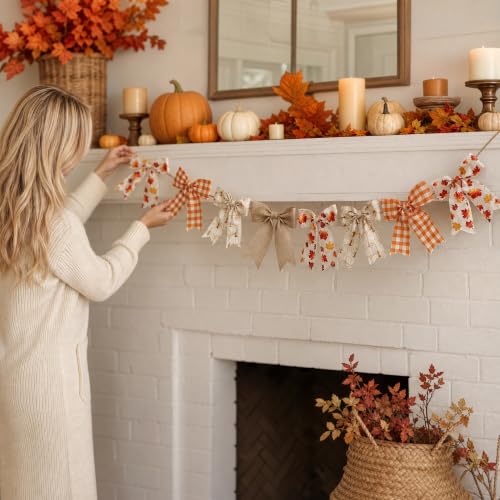 Autumn Bow Garland - 7.5Ft Fall Decor Bunting for Fireplace Mantel Wall