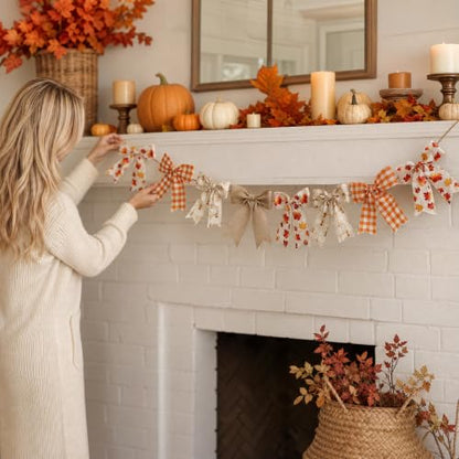 Autumn Bow Garland - 7.5Ft Fall Decor Bunting for Fireplace Mantel Wall