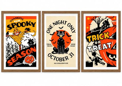 3Pcs Vintage Black Cat Halloween Wall Art Set - Framed 8x10 Inches with Variation Scary Straw Man