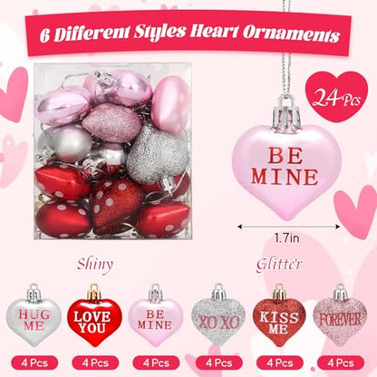Heart Shaped Ornaments Set of 24 Valentine's Day Decor Pink Red Silver Variations