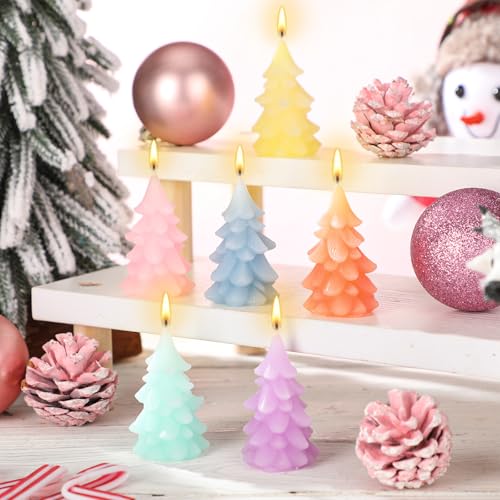 Pastel Christmas Tree Candles Set - 6 Mini Holiday Decor - Tree / Pastel / 6