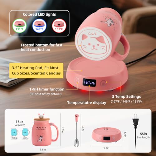 Pink Cat Mug Warmer Set with 16oz Ceramic Cup - Electric Desk Heater