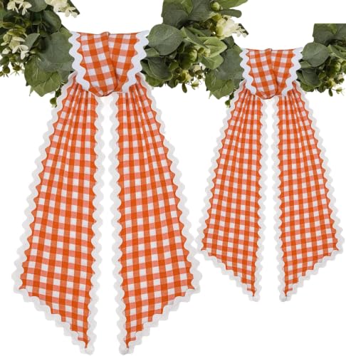 2Pcs Orange and White Plaid Garland Wreath Sash for Front Door & Decorations