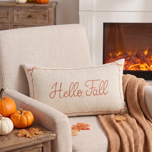 Embroidered Fall Pillow Cover 12x20 Beige - Farmhouse Thanksgiving Decor