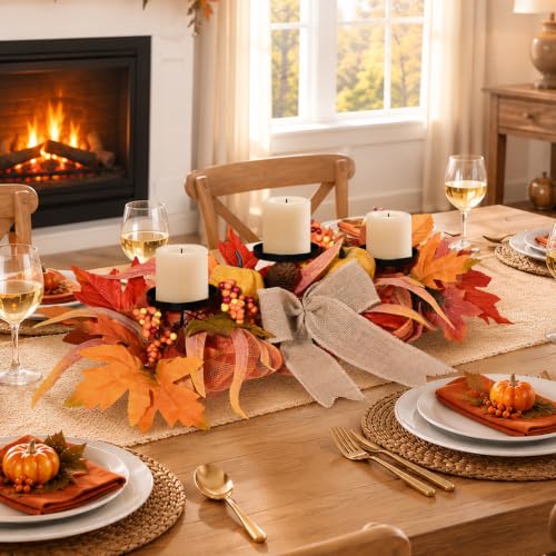 Yellow 26-Inch Fall Candle Holder Centerpiece with Pumpkins and Burlap Bow