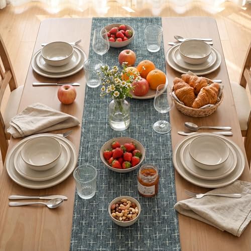 Navy Blue Cross-Star Textured Table Runner 13x60 Inch Waterproof Rustic Dining Decor