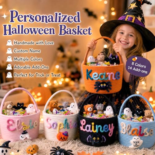 Personalized Halloween Rope Basket with Name for Kids - Candy Carrier, Multi-Color Options